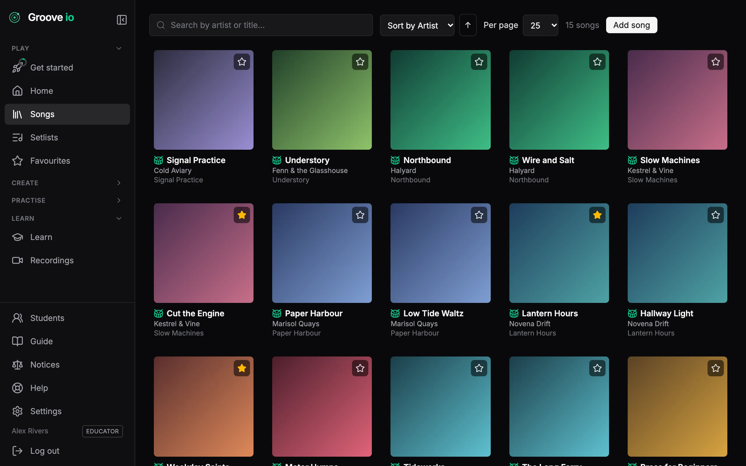 The Groove IO song library, a grid of songs with cover art, title and artist