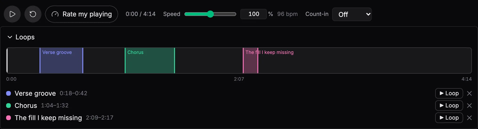 The Groove IO transport with the loop timeline under it, three named loops marked along the song