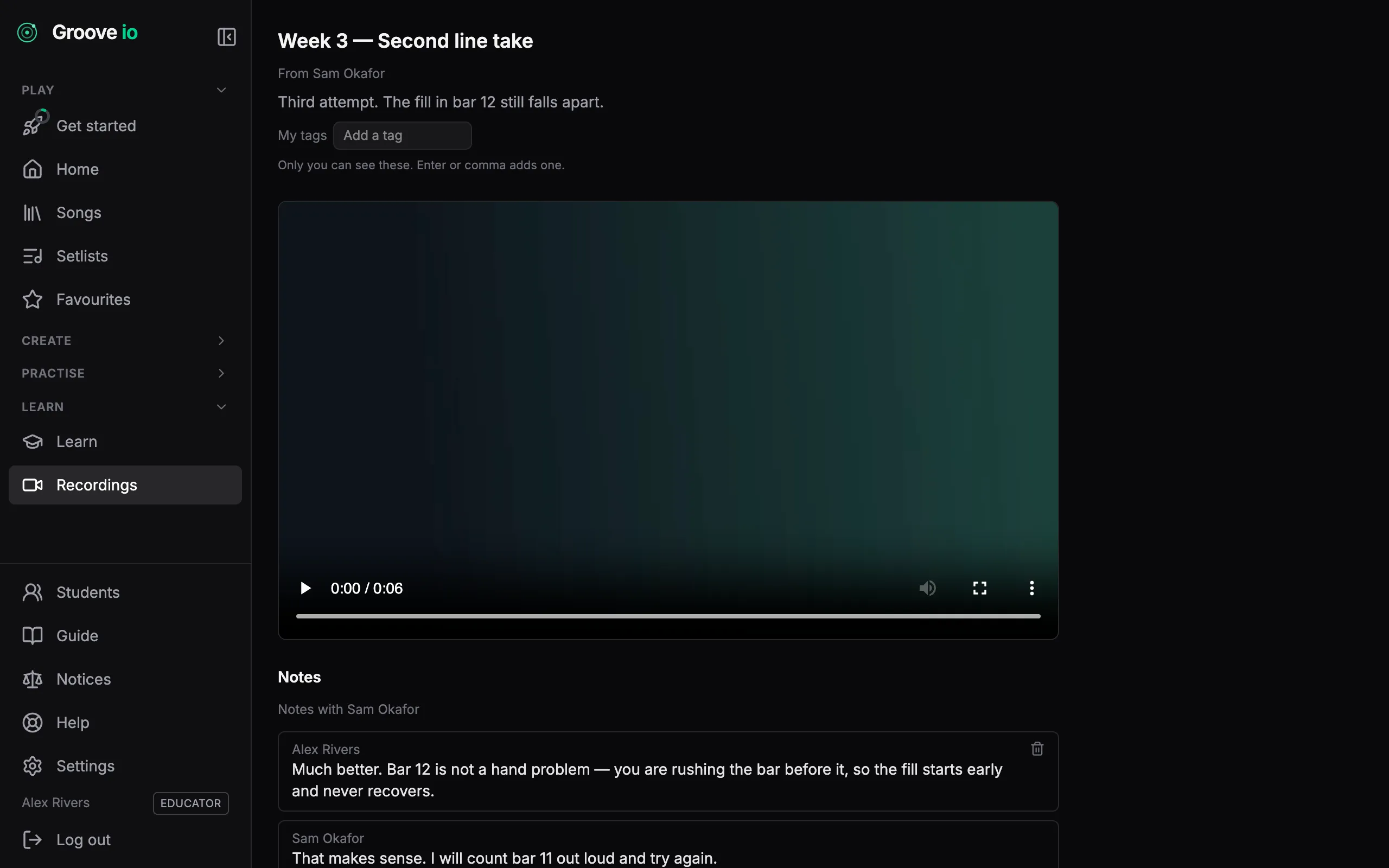 A shared recording with a two-sided note thread between a teacher and their student