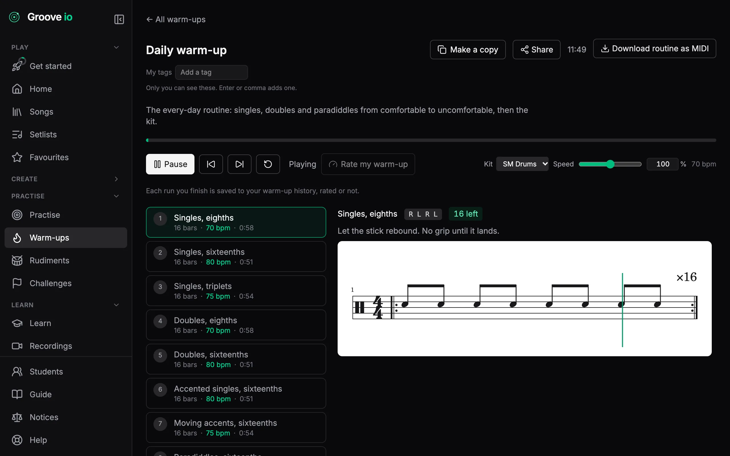 A warm-up routine mid-flight, stepping up in tempo through a set of rudiments