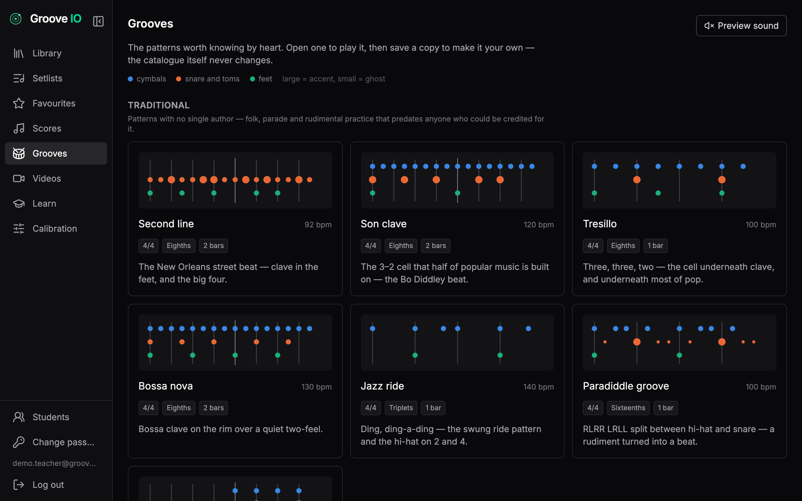 The Groove IO groove catalogue, a grid of drum patterns with their tempo and time signature