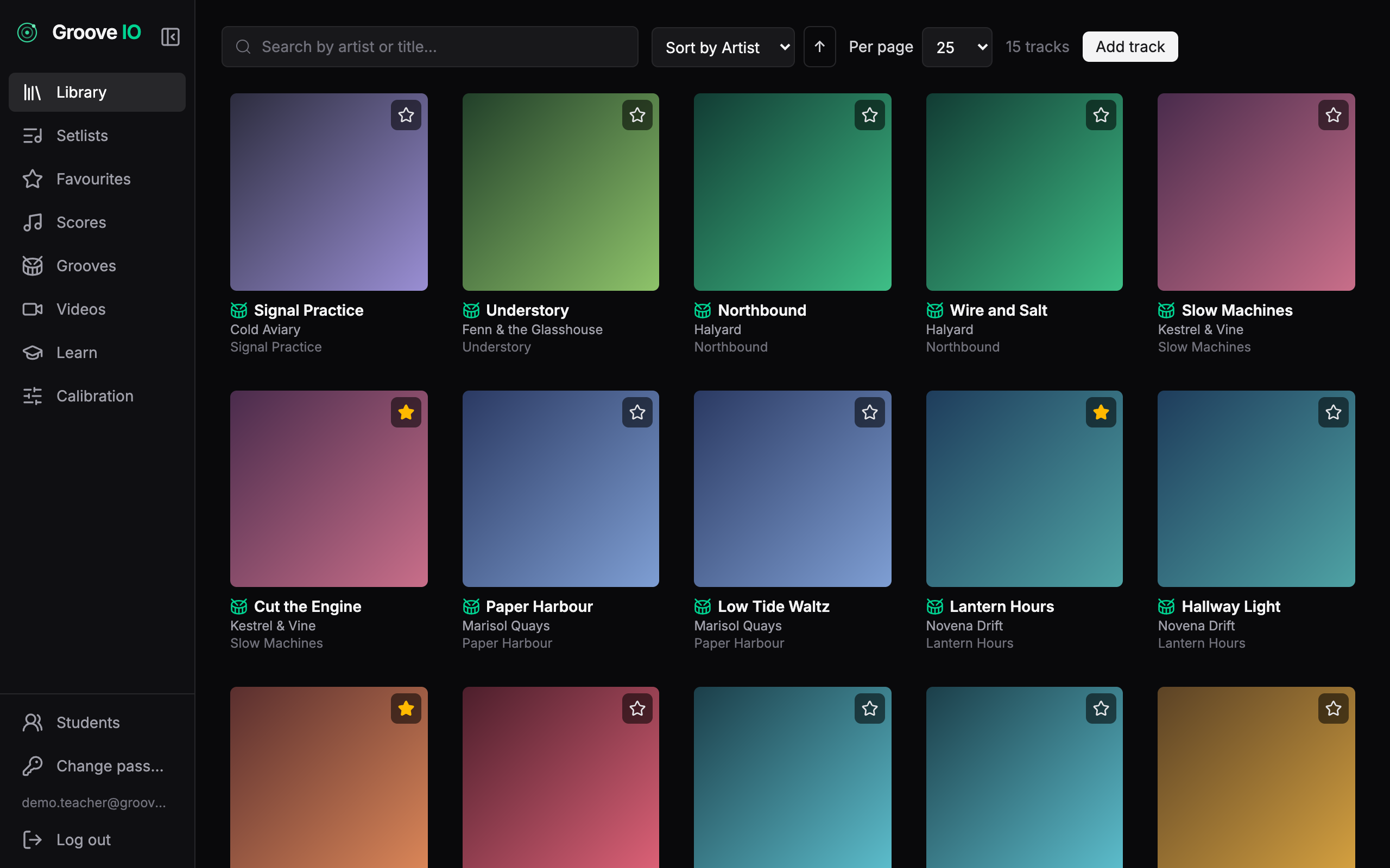 The Groove IO library, a grid of drum charts with cover art, artist and tempo