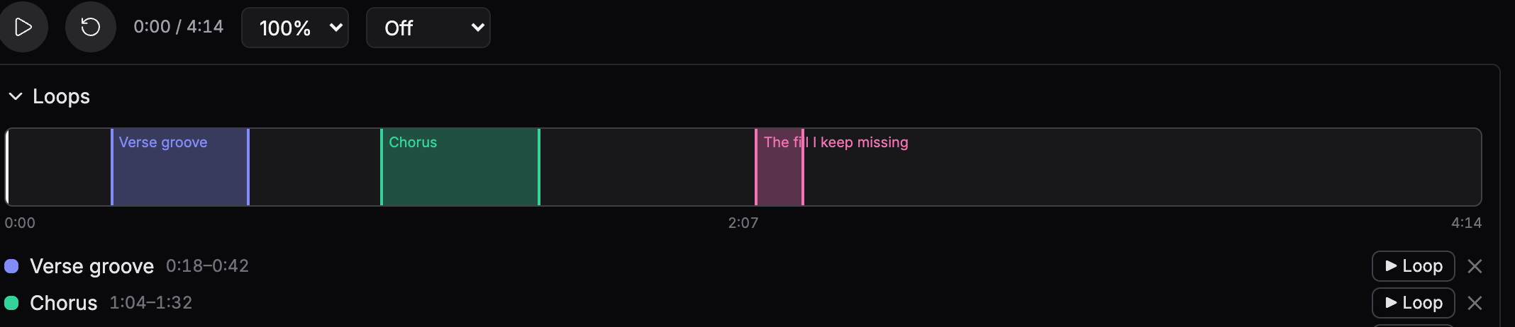 The Groove IO loop timeline with a bar range selected for repetition