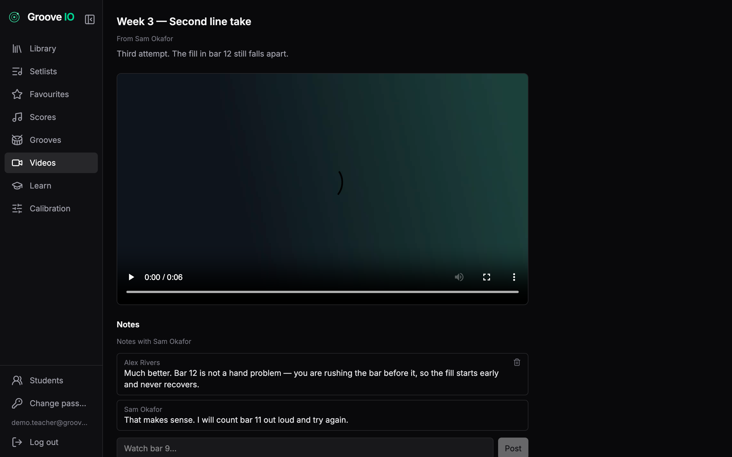 A shared video with a two-sided note thread between a teacher and their student